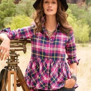 Sundance Hayden Creek Peplum Plaid Flannel Top Pink Size XS